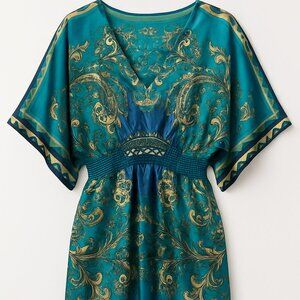 Notations Satin Paisley Tunic Top Women’s Size M – Blue Teal Green Kimono Sleeve